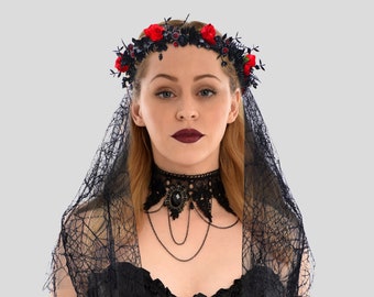 Gothic Halloween bridal veil, handmade black and red paper flower headband veil, spider web lace veil, party gifts