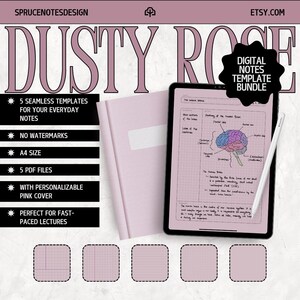 May include: Dusty Rose digital notes template bundle with 5 seamless templates for everyday notes, no watermarks, A4 size, 5 PDF files, with a customizable pink cover, perfect for fast-paced lectures. The image shows a pink notebook, a digital tablet with a brain diagram, and 5 smaller squares with grid paper.