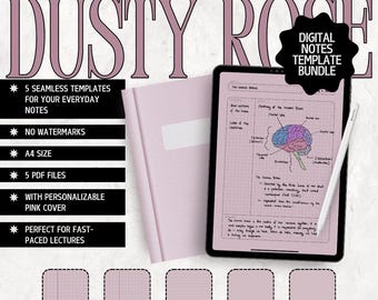 Dusty Rose Digital Notes Template Bundle (A4) - Cornell, Lined, Dotted, Blank PDFs for GoodNotes, Notability, iPad, Android + Pink Cover