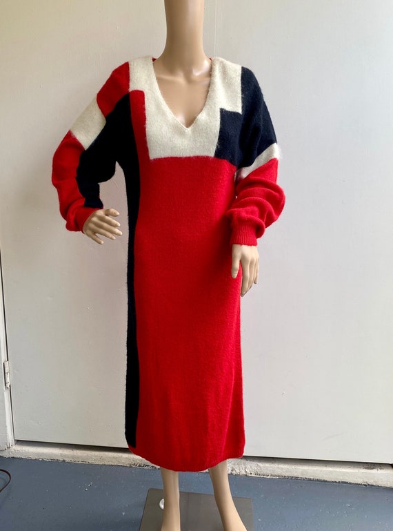 80s Red Geometric Sweater Dress-Medium