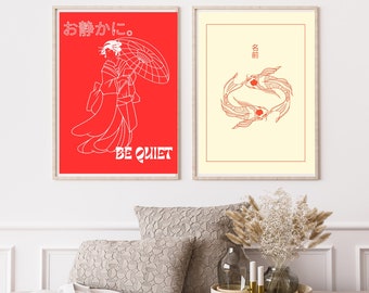 Geisha Wall art, Be quiet poster, Japanese wall art, Japanese aesthetic, bedroom decor, living room decor, minimalist wall art,gift for her
