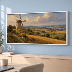 Traditional Windmill over Patchwork Fields Canvas Print, Vintage Oil Style - IK2MZB
