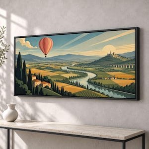 Hot Air Balloon over Patchwork Fields Canvas Print, Art Deco Style - 9HI6SU