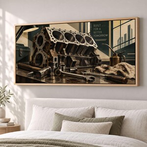 Mechanic Tools and Engine Block Canvas Print, Art Deco Illustration Style - UAWJRP