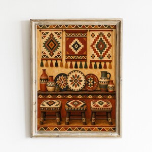 Rustic Folk Kitchen Ceramic Plates Stools Geometric Poster & Canvas 0Q05O
