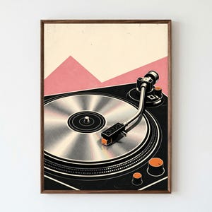 Könnte beinhalten: Ein gerahmter Wandkunstdruck, der einen schwarzen Plattenspieler mit silbernem Plattenteller und Tonarm zeigt. Der Hintergrund zeigt ein grafisches Design mit einem cremefarbenen oberen Teil und zwei großen rosa Dreiecken. Der Plattenspieler hat orangefarbene Knöpfe.