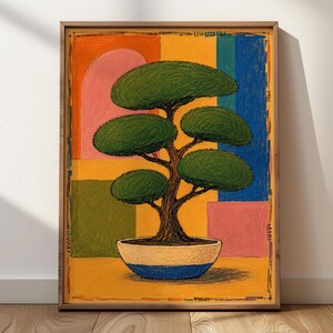 Könnte beinhalten: Ein gerahmter Kunstdruck mit einer texturierten Ölpastell-Illustration eines grünen Bonsai-Baums in einem weiß-blauen Topf. Der Hintergrund besteht aus geometrischen Blöcken in Orange, Gelb, Rosa, Grün und Blau mit einem dunklen Rand.