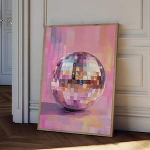 Pink Disco Ball Oil Painting Print: Retro Party Wall Art