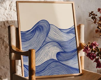 Abstracte kunstprint met oceaangolven: decoratie voor een strandhuis aan de kust