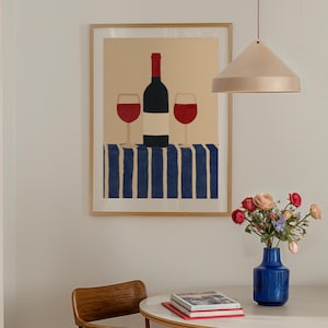 Stampa di vino rosso / Bicchieri da vino e bottiglie Arte murale da cucina / Stampa di vino moderno / Arte murale di metà secolo / Decorazione per bar di casa / Regalo per gli amanti del vino