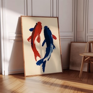 Pesce Koi rosso blu stampabile, poster di pesce Koi giapponese, arte ad acquerello ispirata all'oceano, decorazione murale della vita marina, decorazione del bagno