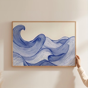 Horizontal Wave Print, Abstract Ocean Art, Coastal Wall Decor, Blue Waves Poster, Surfer Gift, Modern Wave Artwork, Bathroom Wall Art