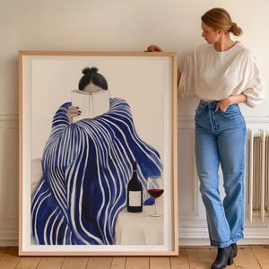 Red Wine Woman Art Print: Mid-Century Modern Book Lover Decor