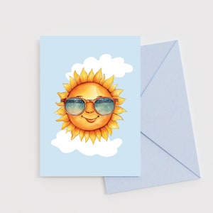Sol con gafas de sol Tarjeta de felicitación en blanco de verano / Archivo digital