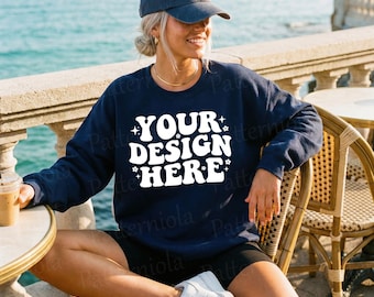 Gildan 18000 Navy Sweatshirt Mockup Oversized Crewneck Tee POD Vintage Casual Lifestyle