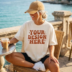 Comfort Colors 1717 White T-Shirt Mockup | Model Outdoor Cafe | Oversized Tee | POD | Digital