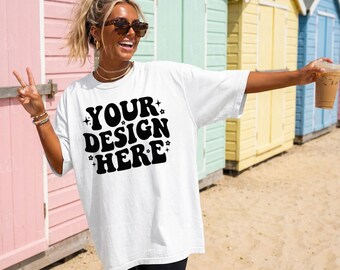 Maqueta blanca Comfort Colors 1717, maqueta de camiseta blanca, maqueta de cabaña de playa, maqueta de camisa extragrande, impresión bajo demanda (POD) de verano costero