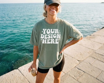 Comfort Colors 1717 Sage Tee Mockup | Seaside Standing Model | Oversized Vintage POD | Harbor Lifestyle
