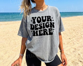 Maqueta Comfort Colors 1717 Pepper, maqueta de camiseta gris, maqueta de camisa extragrande, camisa estilo playero, impresión bajo demanda (POD) neutra vintage