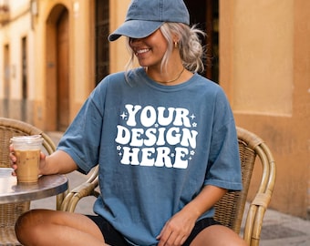 Maqueta de camiseta extragrande de peso pesado Comfort Colors 1717 Blue Jean, POD, Vintage Tee Cafe