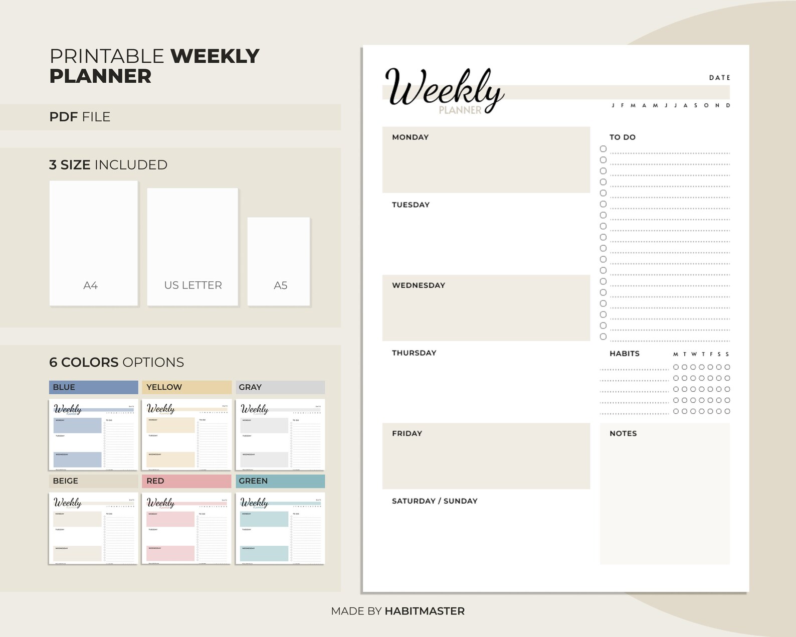 Weekly Planner Printable A4, A5, Letter, Undated Weekly Schedule ...