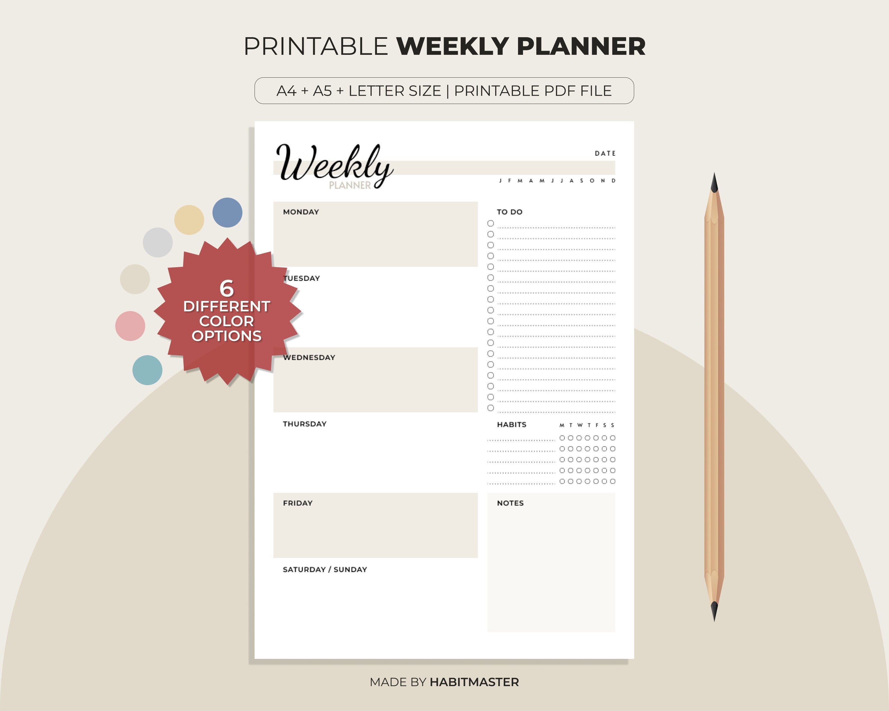 Weekly Planner Printable A4, A5, Letter, Undated Weekly Schedule ...