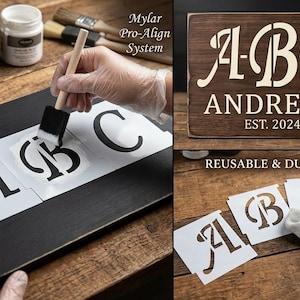 May include: A wooden sign featuring the letters "A-B-C" and the name "Andrews" with "EST. 2024". The image also shows stencils and paint supplies for DIY projects. The stencils are labeled "Reusable & Durable".
