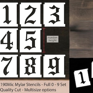 May include: A set of reusable Mylar stencils featuring the numbers 0 through 9 in a black gothic font on white square backgrounds. The text reads Reusable 125 / 190Mic Mylar Stencils - Full 0 - 9 Set Premium Quality Cut - Multisize options.