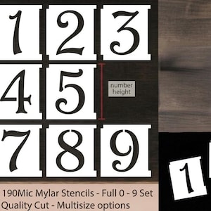 May include: A set of reusable Mylar stencils featuring the numbers 0 through 9 in a serif font. Each stencil is a white square with a black number cutout. The text reads Reusable 125 / 190Mic Mylar Stencils - Full 0 - 9 Set Premium Quality Cut.