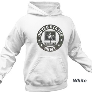 May include: White hooded sweatshirt with a black and white graphic of the United States Army logo. The logo features a star and the words "United States Army".