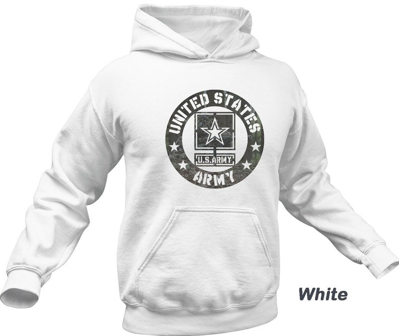 May include: White hooded sweatshirt with a black and white graphic of the United States Army logo. The logo features a star and the words "United States Army".