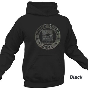 May include: Black hooded sweatshirt with a camouflage print circle graphic featuring the text "United States Army" and a star.