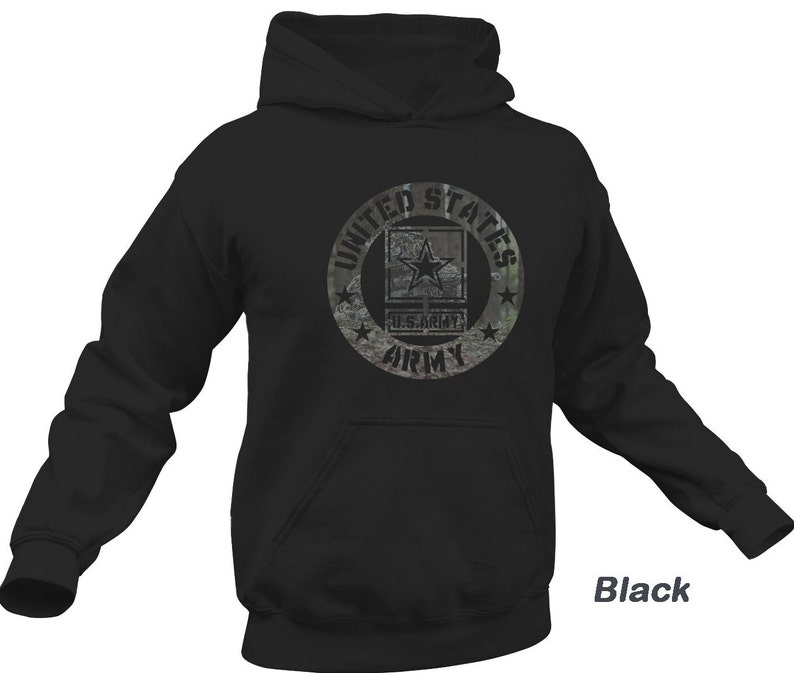 May include: Black hooded sweatshirt with a camouflage print circle graphic featuring the text "United States Army" and a star.