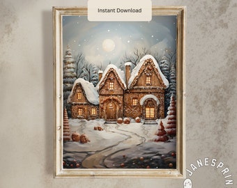 Cozy Winter Gingerbread House Digital Art Vertical, Vintage Christmas Print Digital Download, Festive Gingerbread House Wall Art Printable