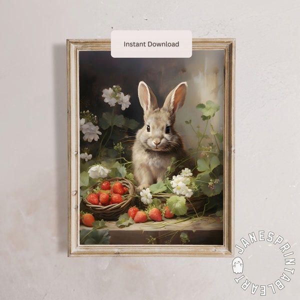 Cute Gray Bunny Printable Wall Art Instant Download, Rabbit and Strawberries Artwork for Printing, Cute Bunny Picture Spring Easter Decor