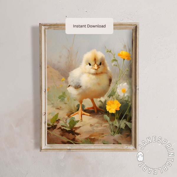 Cute Easter Chick Printable Wall Art, Yellow Baby Chicken Oil Painting Farmhouse Wall Print, Spring Floral Chick Picture Digital Download