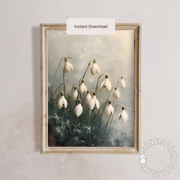 Snowdrop Flowers Printable Wall Art, Minimalist Botanical Wall Print, Snowdrop Oil Painting, Neutral Wildflowers Print, Floral Poster Spring