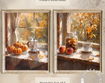 Fall Coffee Still Life Printable Paintings for Farmhouse Wall Decor Set of 2, Moody Autumn Coffee Art Instant Digital Download Set of Two