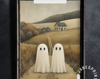 Ghost Couple Print Instant Download, Spooky Wall Art Dark Academia, Fall Vintage Halloween Art Print, Ghost Couple Wall Art Digital Download