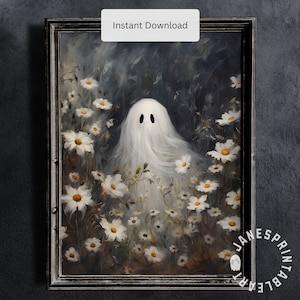 Victorian Floral Ghost Painting Printable, Adorable Creepy Art Digital Download, Cute Halloween Dark Academia Wall Decor, Ghost Flower Print