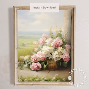 Hydrangea Art Print Download, Elegant White and Pink Hydrangea Flowers Printable Wall Art, Pastel Floral Wall Print Spring Farmhouse Decor