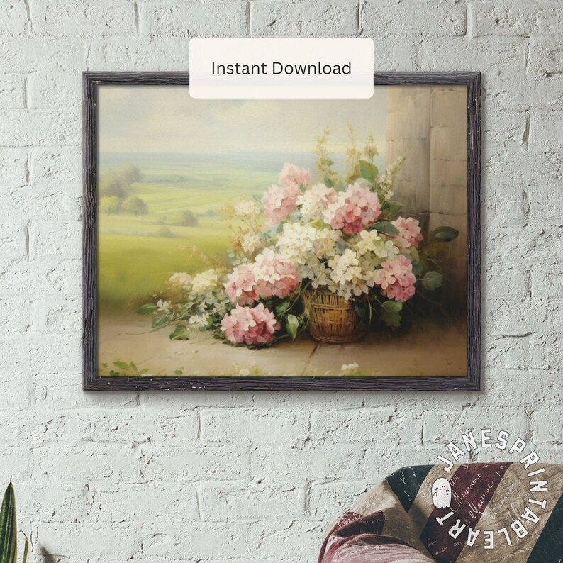 May include: A painting of a bouquet of pink and white hydrangeas in a wicker basket. The flowers are arranged in a vase on a stone floor. The background is a blurry landscape with green fields and a blue sky.