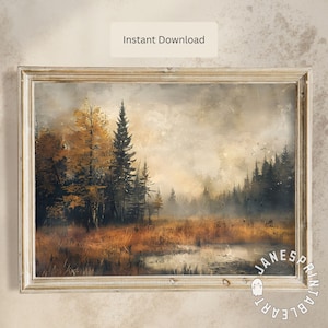 Moody Fall Landscape Art Print, Autumn Forest Picture Printable Wall Art, Vintage Moody Landscape Painting, Fall Nature Art Digital Download