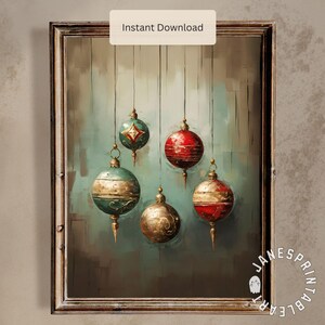 Green Red Vintage Christmas Baubles Printable Wall Art, Festive Winter Holidays Painting of Christmas Ornaments, Wall Decor Digital Download