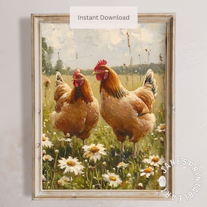 Country Chickens Printable Wall Art, Cute Brown Hens in Daisy Field Digital Download, Pastoral Landscape Painting Farmhouse Spring Decor