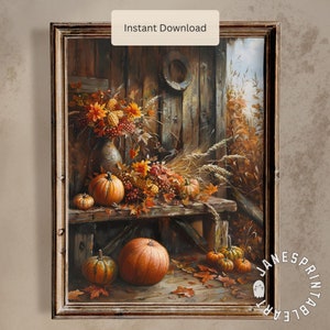 Herbst-Ernte-Druck Digitaler Download, Land-Stillleben mit Kürbisse druckbare Wandkunst, braun orange Vintage Herbst Bild Wand-Dekor