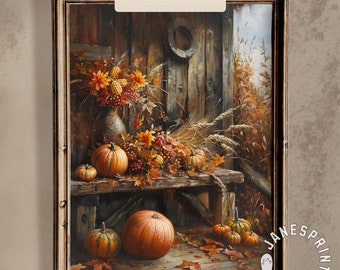 May include: A framed painting of a still life with pumpkins, gourds, and fall foliage in a rustic setting. The painting features a wooden bench with pumpkins and gourds on top, and a vase with flowers and berries in the background. The painting is set in a wooden barn with a window in the background.