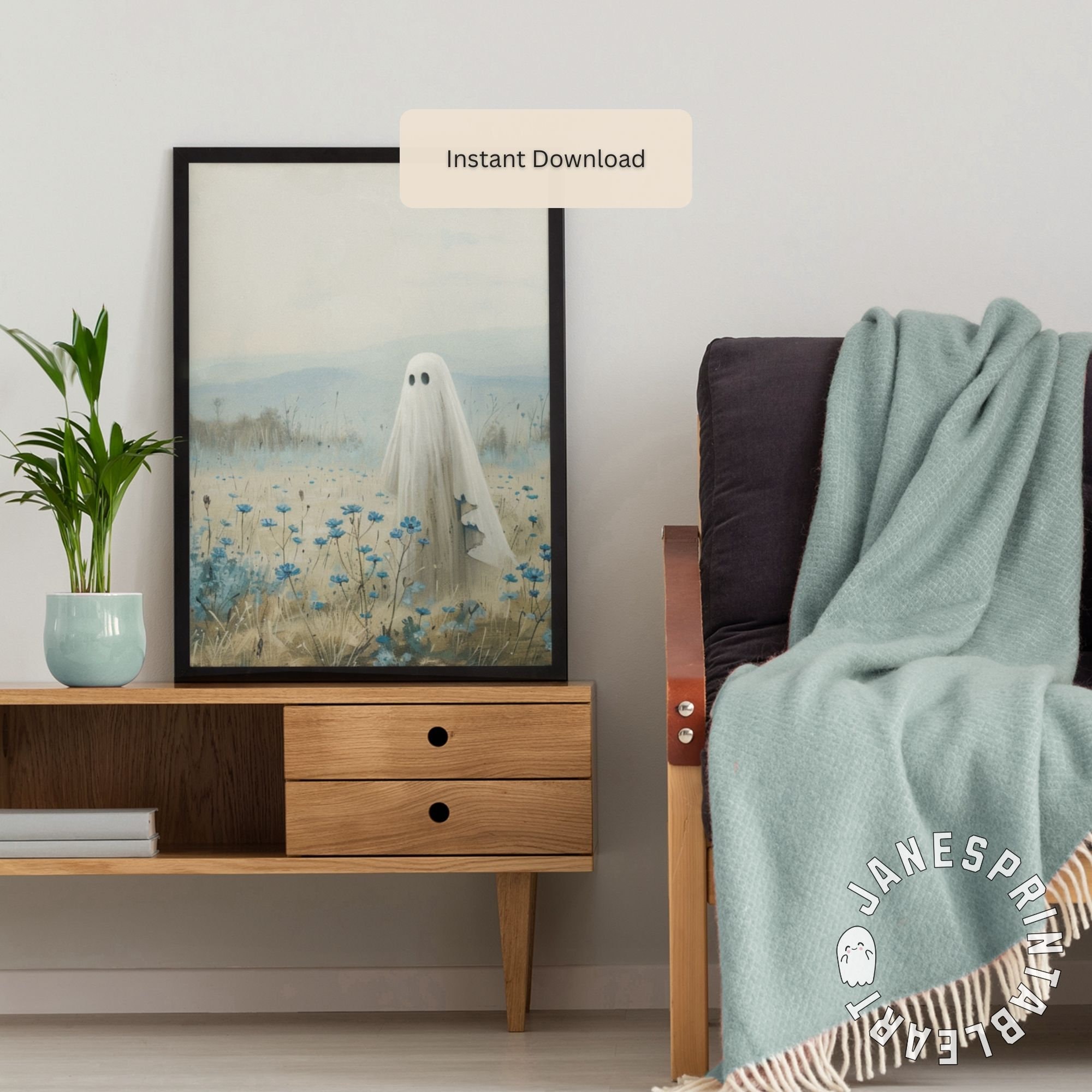 Floral Ghost Wall Art Instant Download, Ghost in Blue Wildflowers Field ...