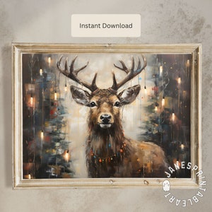 Arte de pared imprimible de reno navideño digital, imagen descargable de ciervo navideño en tonos terrosos, impresión instantánea de reno de invierno.