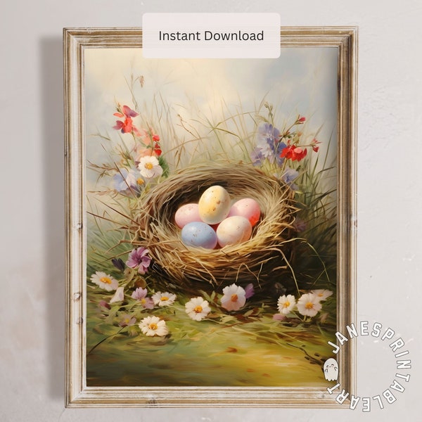 Vibrant Easter Eggs in Nest Print Digital Download, Bird Nest Printable Wall Art, Modern Farmhouse Spring Wall Print, Birds Nest Digital Art
